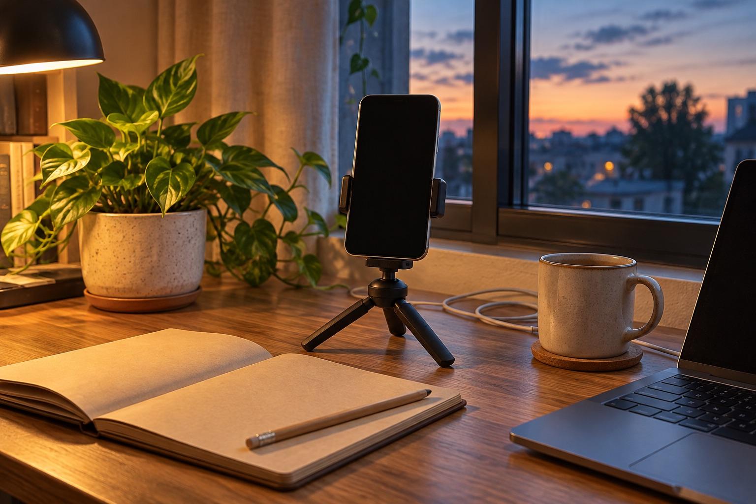 A phone on a small tripod on a desk by the window at dusk, next to a notebook and a plant