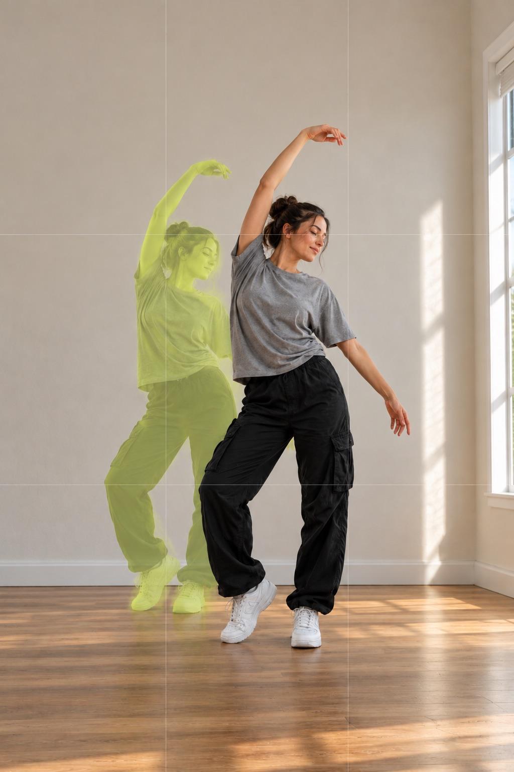 Recording a dance clip with the previous clip's end pose as a lime ghost overlay