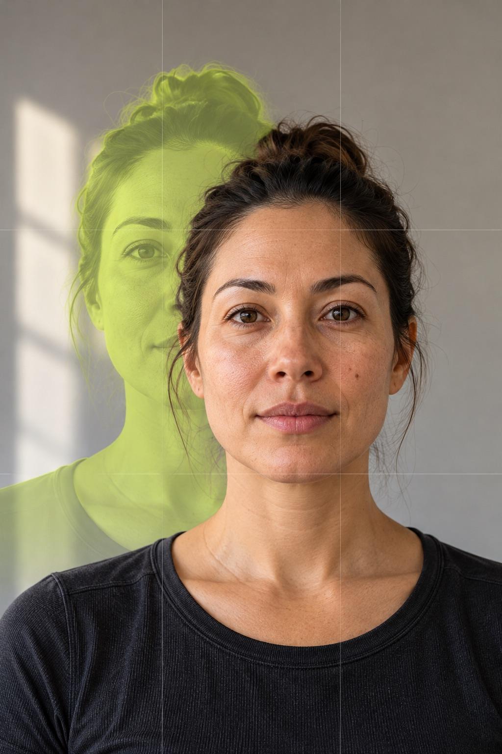 Close-up skincare photo with the previous close-up as a lime ghost overlay